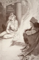 Cian odnajduje córkę Balora, ilustracja z „Celtic Myth and Legend” Charlesa Squire
